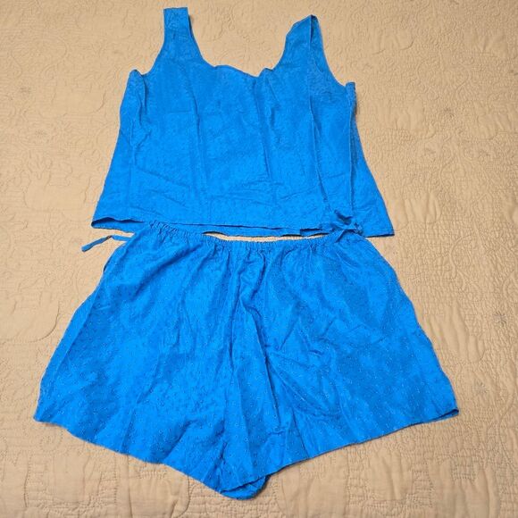 Vintage 90’s Victoria’s Secret PJ Set S Blue Floral Tank Micro Shorts Eyelet - Picture 2 of 9